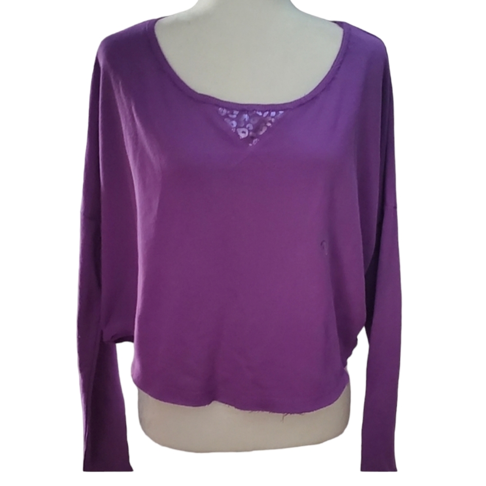 Aeropostale Oversized Crop Sweatshirt Purple Scoop Neck Long Sleeve Top Size L